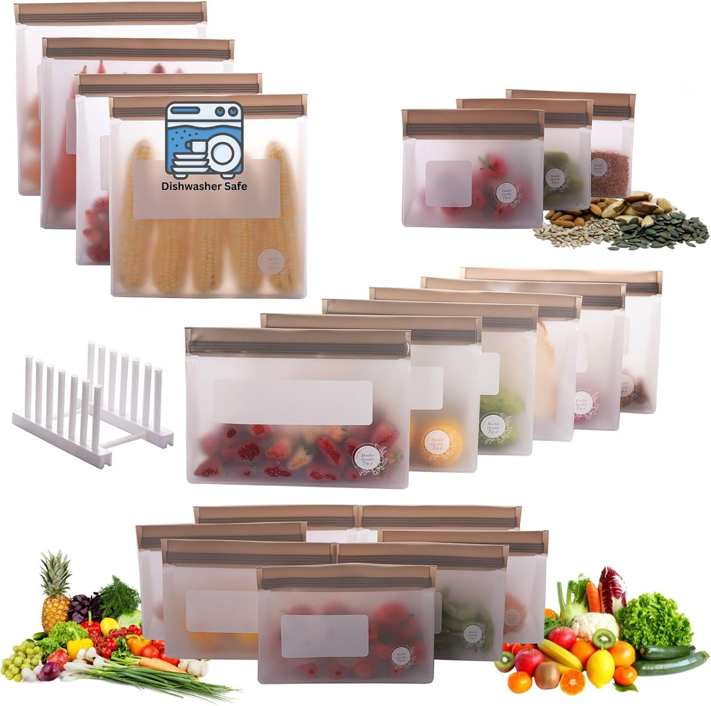 Reusable Silicone Food Storage Bags – 21-Pack Stand-Up, BPA-Free, Freezer, Dishwasher Safe & Eco-Friendly – 4 Gal, 6 L, 7 M, 3 S + Rack – Airtight Leakproof Sandwich, Snack, and Meal Prep Bags (Grey)