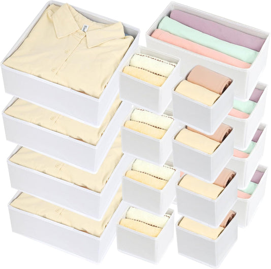 16 Pcs Drawer Organizer,Fabric Closet Organizer and Storage Baskets,Foldable Drawer Divider for Clothing,Sock,Ties,Underwear Drawer Organizers,Cabinet Storage Boxes (White)