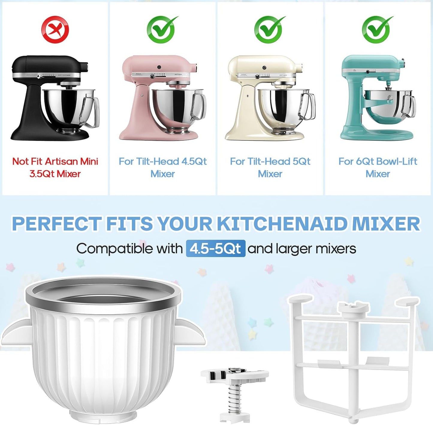 GVODE Ice Cream Maker Attachment for KitchenAid - Upgraded Leak-Proof Design, 2 Quart Bowl Compatible with 4.5QT to 7QT Models,Homemade Sorbet Gelato,Yogurt & Ice Cream attachment for Kitchen aid