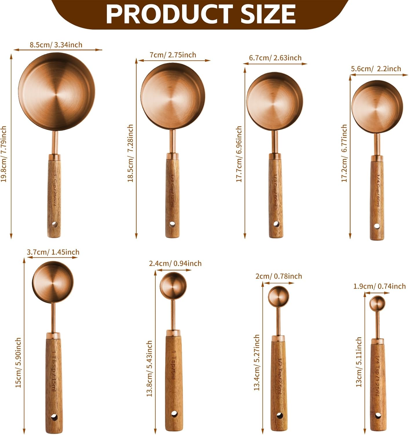 Copper Stainless Steel Measuring Cups and Spoons Set,8 Piece Measuring Cup Set with Wooden Handle and Metric and US Measurements，Copper Polished Finish，for Cooking and Baking in The Kitchen