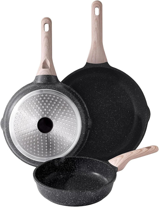 Nonstick Frying Pan Set, 3 Piece Skillet Set, Healthy Induction Cookware Cooking Pan, Stay-Cool Handle, Compatible with All Stovetops, PFOA Free (9.5, 11, 12.5 Inch)