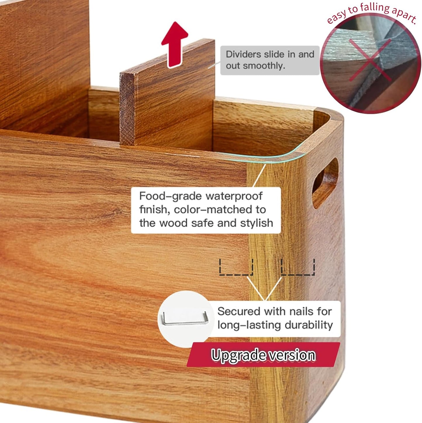 Wooden Kitchen Utensil Holder Organizer for Counter or Countertop, Large Wooden Utensil Holder for Storage Cooking and Silverware with 4 Compartment, Acacia Rustic Wood Container Extra Large