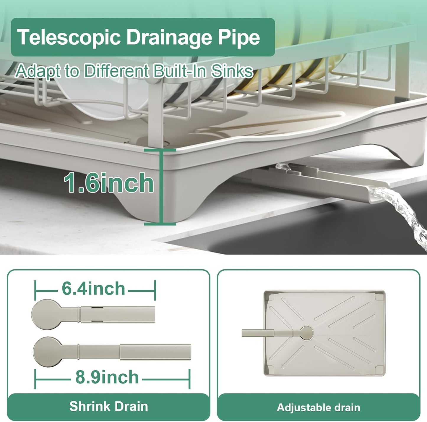 Dish Drying Rack,Dish Racks for Kitchen Counter,Metal Dish Drainer with Adjustable Drainage Spout,Removable Knife and Fork Holder (Grey)