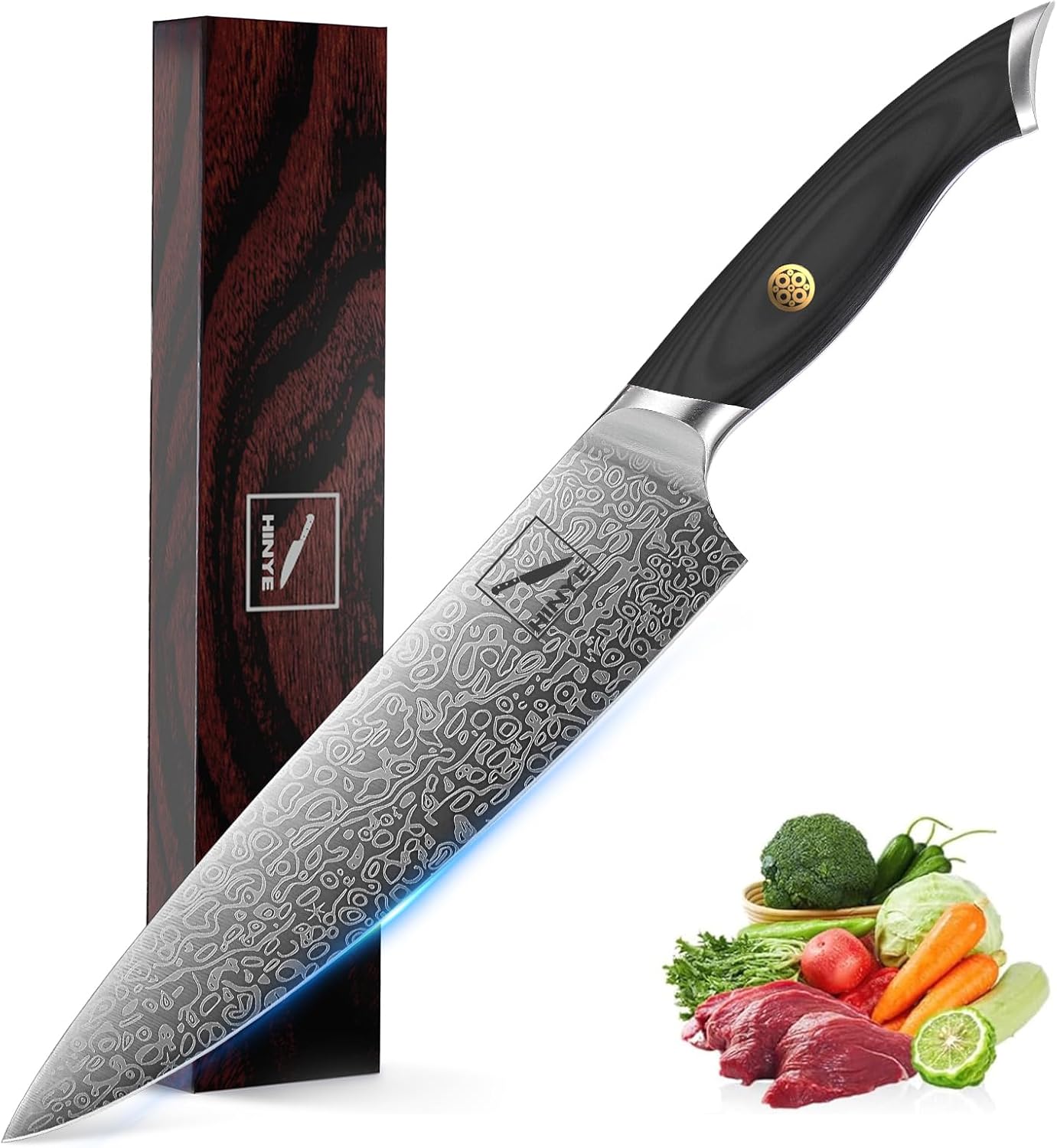 Professional 8" Kitchen Knife, Flex Core German Steel, Non Slip Blackwood Handle. Anti-Stick Blade, Dishwasher Safe, Heavy-Duty for Meat & Veggies
