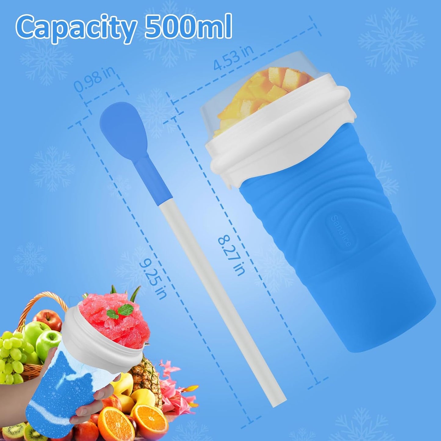 Slushie Maker Cup, 500ML DIY Magic Slushy Maker Squeeze Cups, Portable Smoothie Squeeze Cups for Juices, Milk and Ice Cream Make, Double Layers Silica Cup with Lid & Straw for Friends, Family Gifts