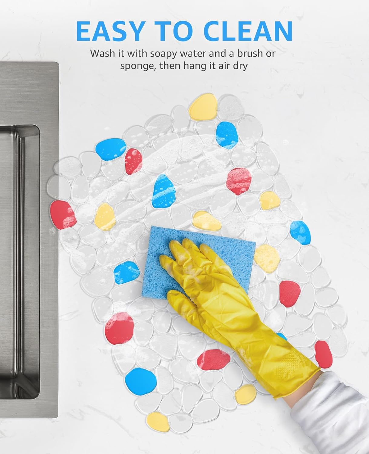 OTHWAY 2Pcs Kitchen Sink Mats, 15.7" x11.8" Scratch Free Sink Protector for Stainless Steel/Porcelain Sink, Pebble Design Quick Drain Dish Drying Mat Handpainted-Clear