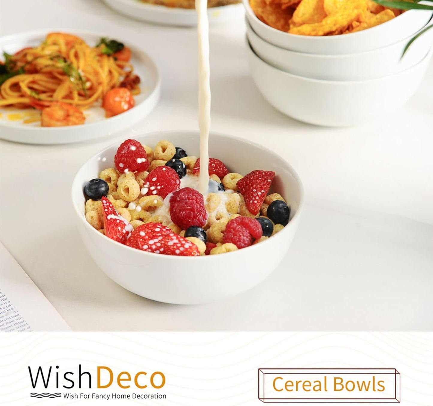 Cereal Bowls Set of 4, White Soup Bowls 20 oz, Ceramic Breakfast Bowl 6 Inch, Kitchen Bowl for Salad, Pasta, Ramen, Oatmeal, Noodle, Rice, Microwave and Dishwasher Safe