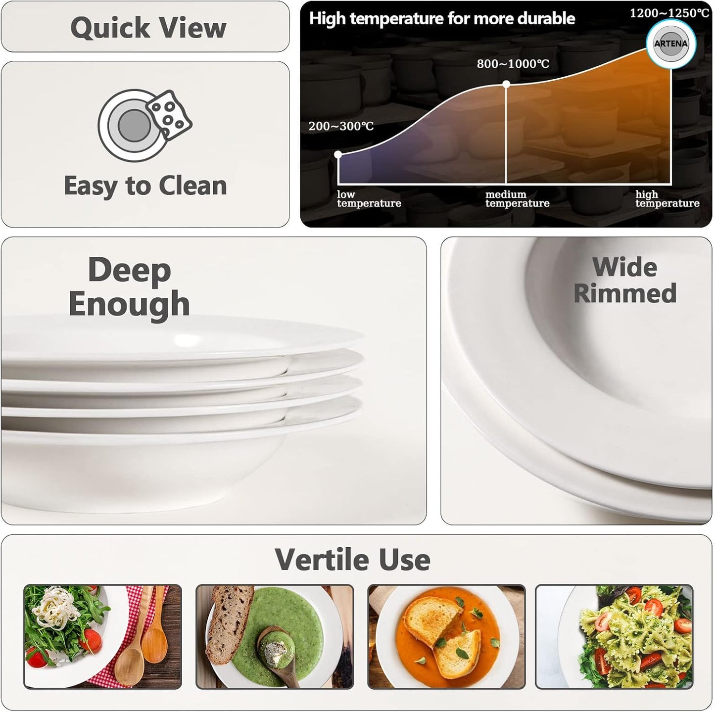 Artena Pasta Bowls 20oz, Large Salad Serving Bowls, 10 inch White Soup Bowl, Porcelain Pasta Bowl Set of 4, Rimmed Deep Pasta Plates, Wide and Shallow for Dinner, Microwave Dishwasher Safe