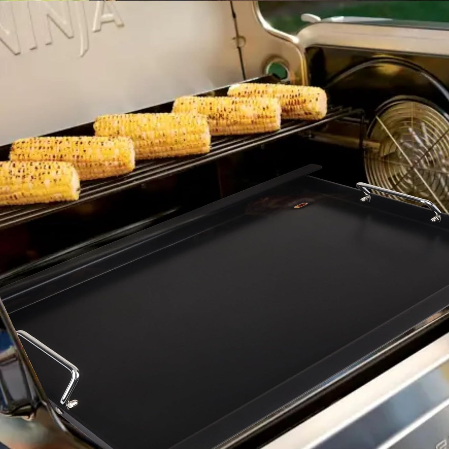 XSKFULGRIDLE Full-Size Griddle Replacement Parts for Ninja FlexFlame PG300 Series, Carbon Steel Griddle Insert with Grease Drain and handle for Ninja FlexFlame Grills Accessories, 24" L x 17" W