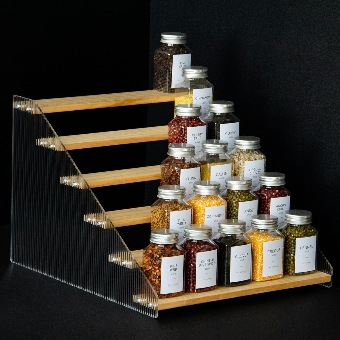 nianfeng Tiered Spice Rack, 6-Tier Spice Pantry Kitchen Cabinet Organizer, 12-Inch, Natural Wood Acrylic Stair Riser Stand, Countertop Seasoning Shelf