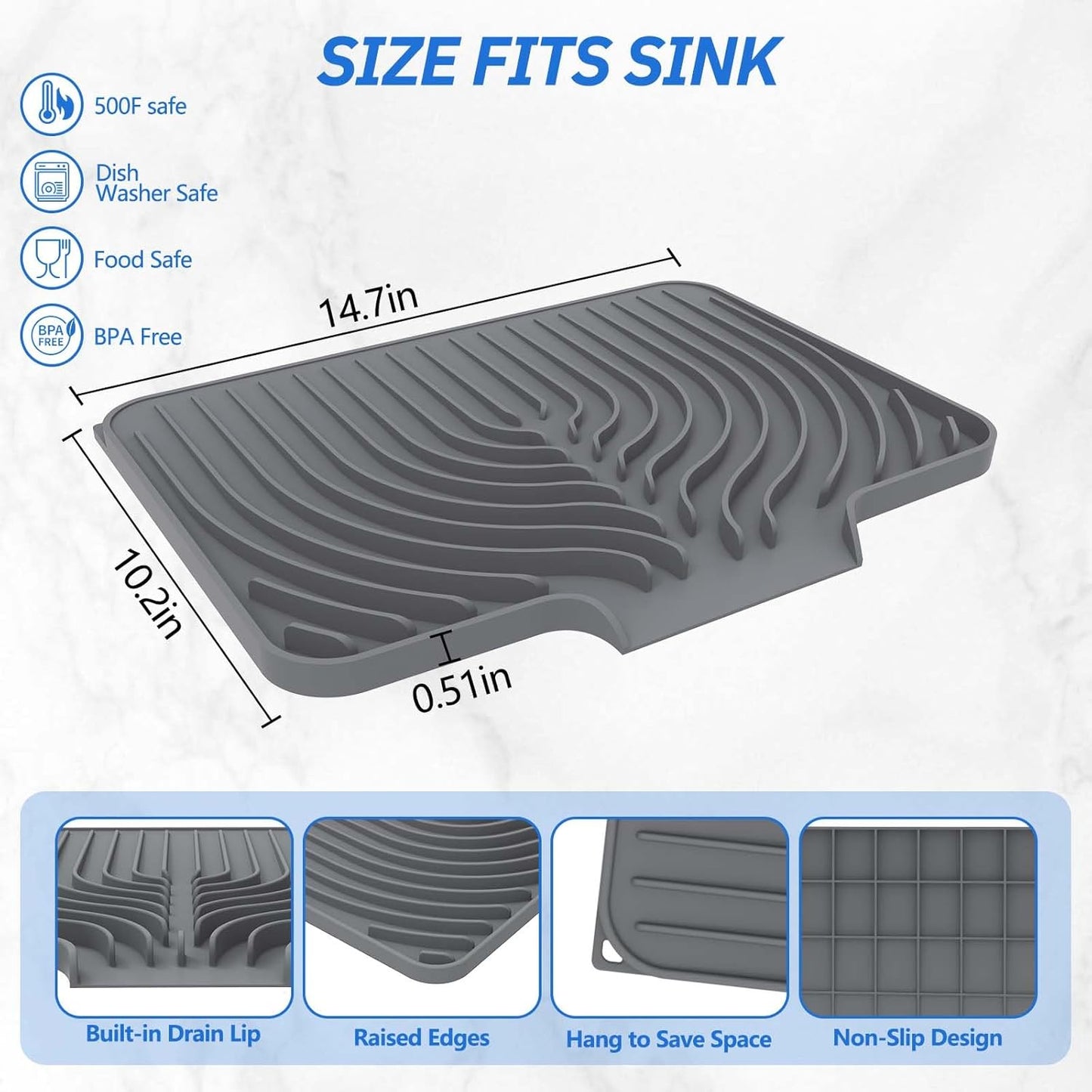 Silicone Dish Drying Mat for Kitchen Counter with Built-in Drain, Easy Clean Pad for Countertop Protection, Fast Self-Draining Slope, Non-Slip, Multiple Use 14.7x10.2 Inch (Grey)