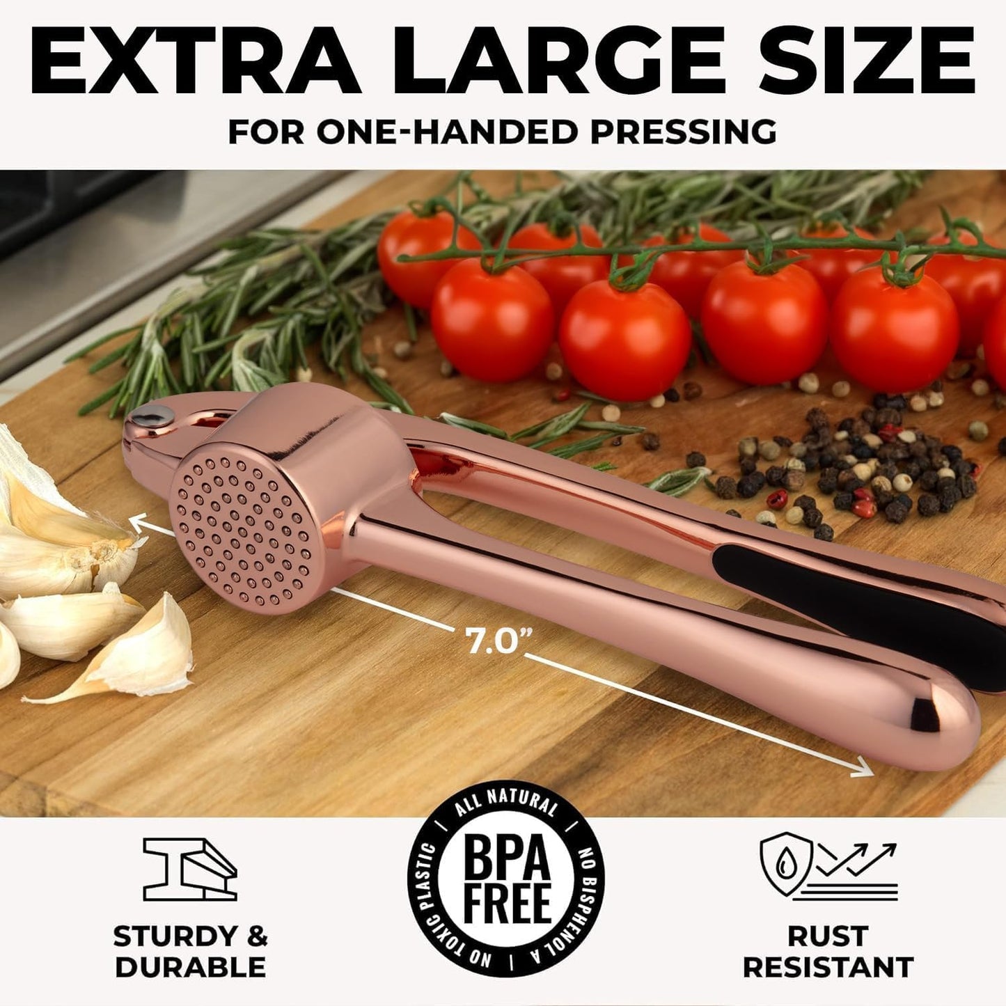 Zulay Kitchen Large Premium Garlic Press Set - Bigger Bowl for Bigger Garlic - Rust Proof & Dishwasher Safe Garlic Mincer Tool - Easy-Squeeze, Easy-Clean Silicone Garlic Peeler & Brush (Rose Gold)