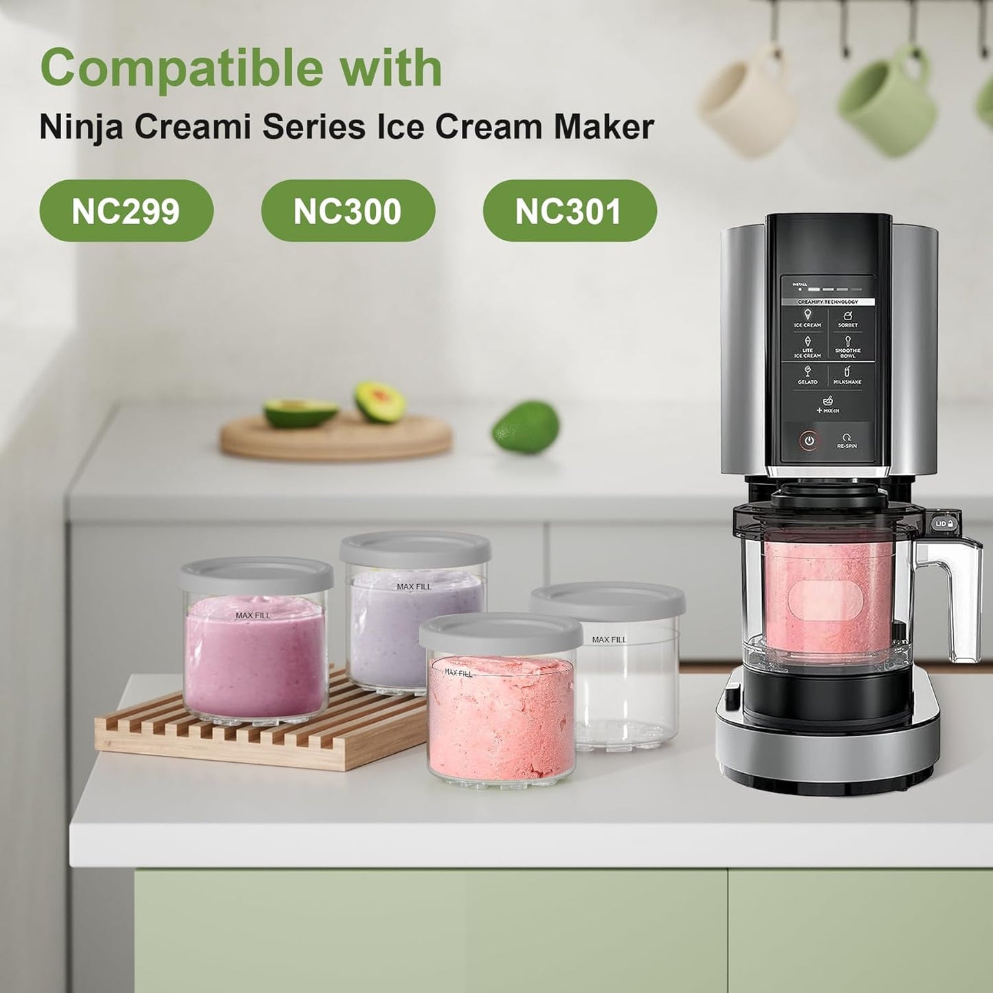 4 Pack Creami Pint Containers and Lids for Ninja with 4 spoons and writable labels, Compatible with Ninja NC299 NC300 NC301 Series Creami Maker Machine Accessories, BPA Free & Dishwasher Safe, Grey