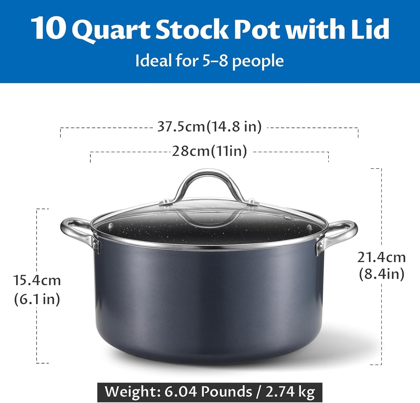 BEZIA 10 Quart Cooking Pot, Large Non Stick Induction Stock Pots with Lid, All Stove Compatible, 10 QT Aluminum Soup/Stew Pot For Large Families or Meal Prepping, Grey