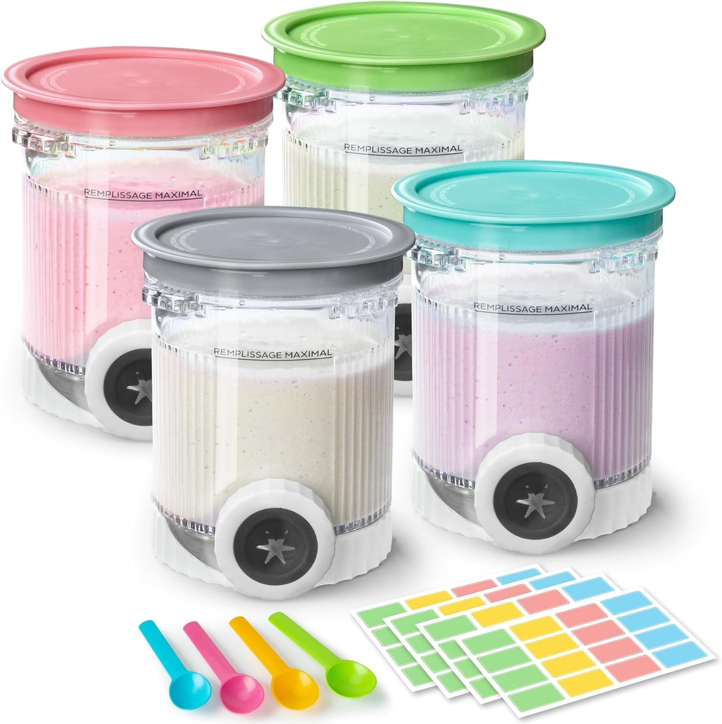 4 Pack Creami Swirl Pints & Lids for Ninja, Compatible with NC700 Series Ninja Swirl Ice Cream & Soft Serve Makers, with 4 Spoons & 64 Writable Labels, BPA-Free & Dishwasher Safe, Assorted Colors