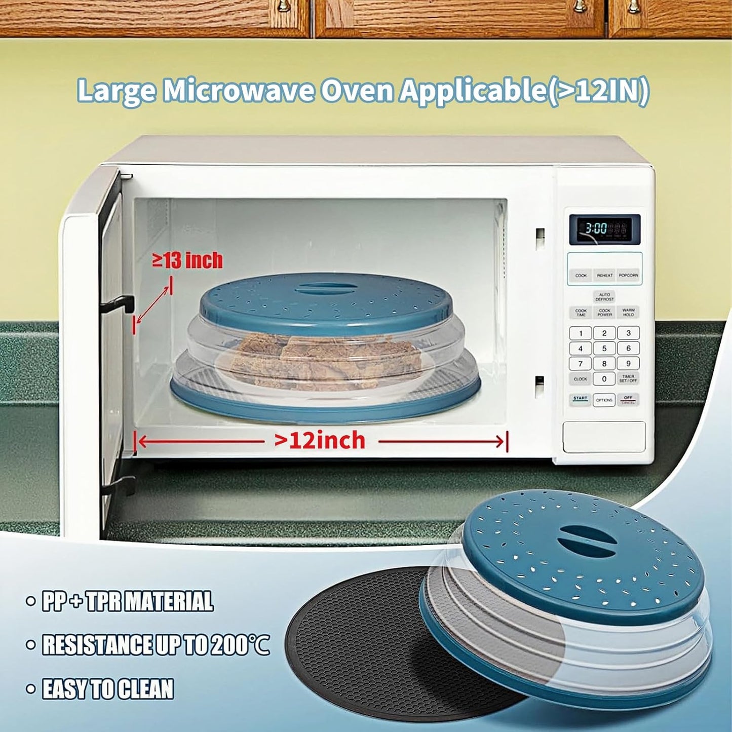 WENWELL Large Microwave Splatter Cover & Silicone Mat,12 Inchs Vented Collapsible Guard dish Plate lid & Round Kitchen mat for food