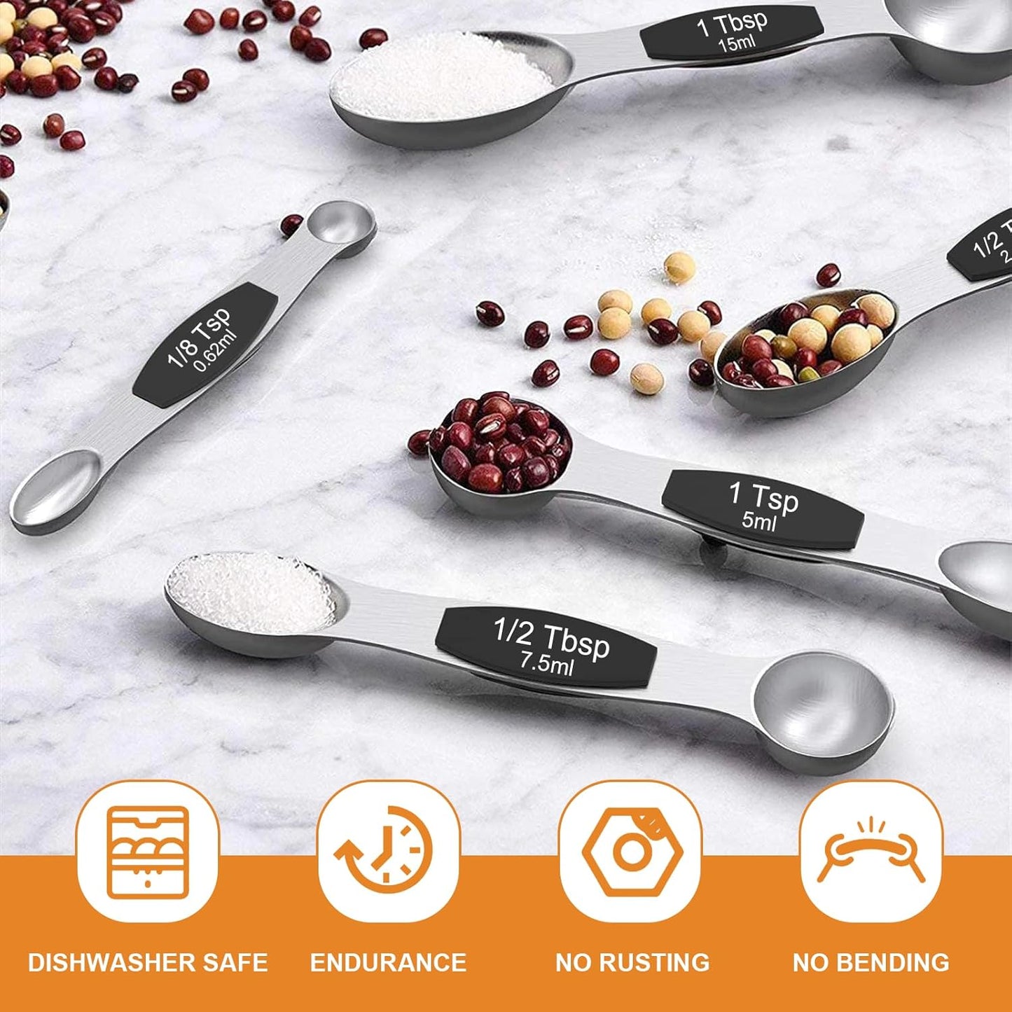Magnetic Measuring Spoons Set - Wildone Stainless Steel Double Sided Measuring Spoons Set of 7 Black, for Dry & Liquid Ingredients, Including 6 Heavy Duty Nesting Spoons, 1 Leveler, Fits in Spice Jar