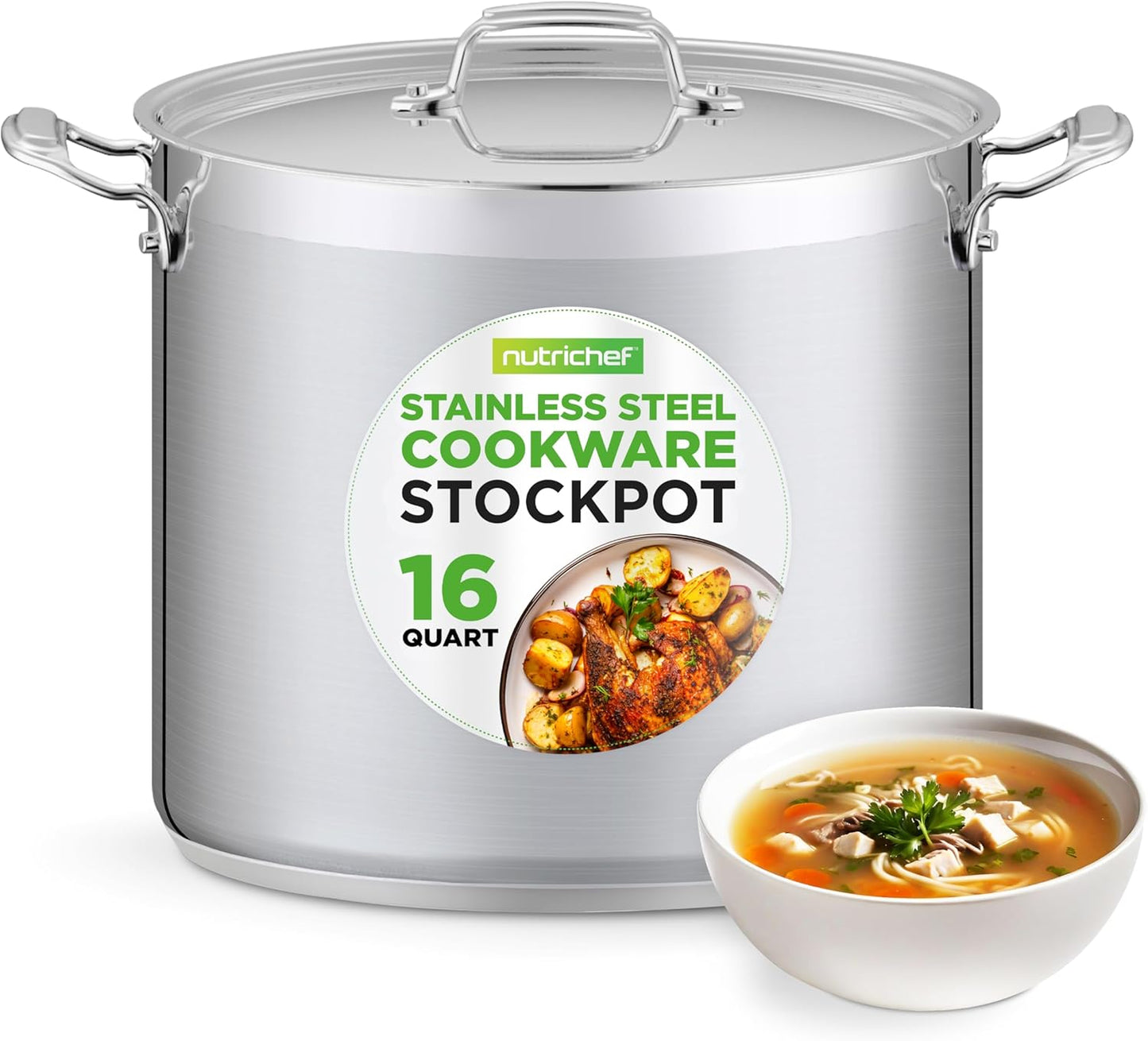 NutriChef 16-Quart Stainless Steel Stockpot - 18/8 Food Grade Heavy Duty Large Stock Pot for Stew, Simmering, Soup, Includes Lid, Dishwasher Safe, Works w/Induction, Ceramic & Halogen Cooktops