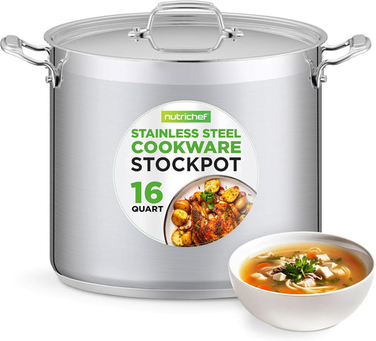 NutriChef 16-Quart Stainless Steel Stockpot - 18/8 Food Grade Heavy Duty Large Stock Pot for Stew, Simmering, Soup, Includes Lid, Dishwasher Safe, Works w/Induction, Ceramic & Halogen Cooktops