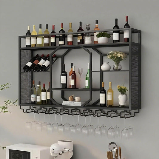 Wall Mounted Wine Rack, 3-Tiers Metal Bar Bottle Holder, Modern Wine Glass Storage Display Shelves, Wall Wine Rack for Kitchen Bar Dining Rooms Decoration ﻿ (Black, 55.11in/140cm)