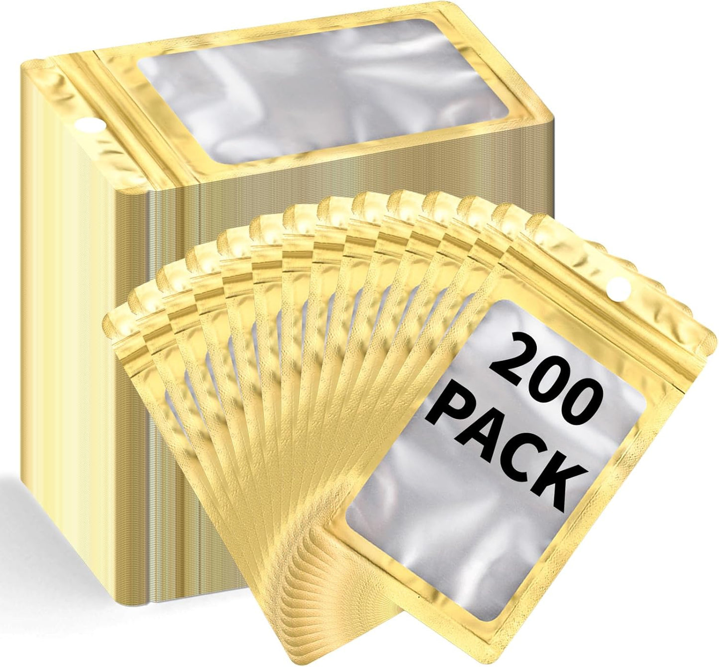 200 Pack Resealable Mylar Holographic Bags Food Storage Smell Proof Bags with Front Window Foil Packaging Pouch for Candy Sample Jewelry Small Business 2.95×4.72 Inch, Gold