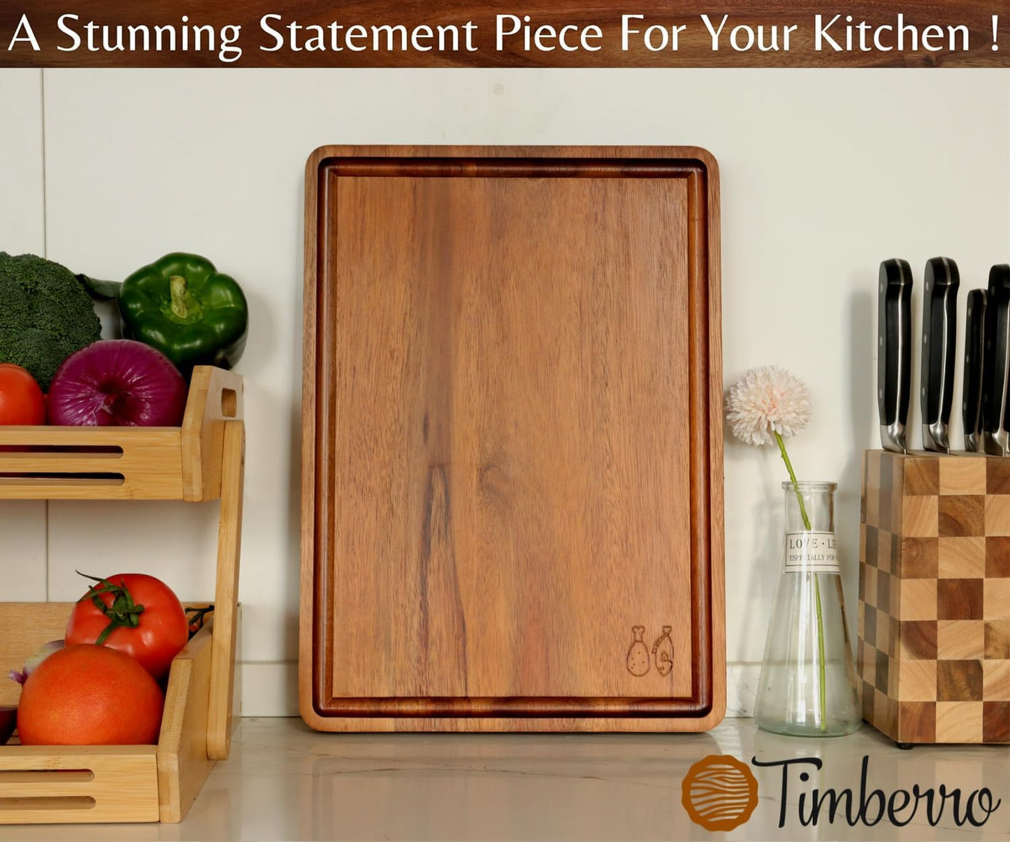 Acacia Wood Cutting Board (17x12x1.2 In.) - Big Wooden Non Toxic Hardwood Organic Meat Steak Chef Butcher Block Boards for Kitchen with Juice Groove