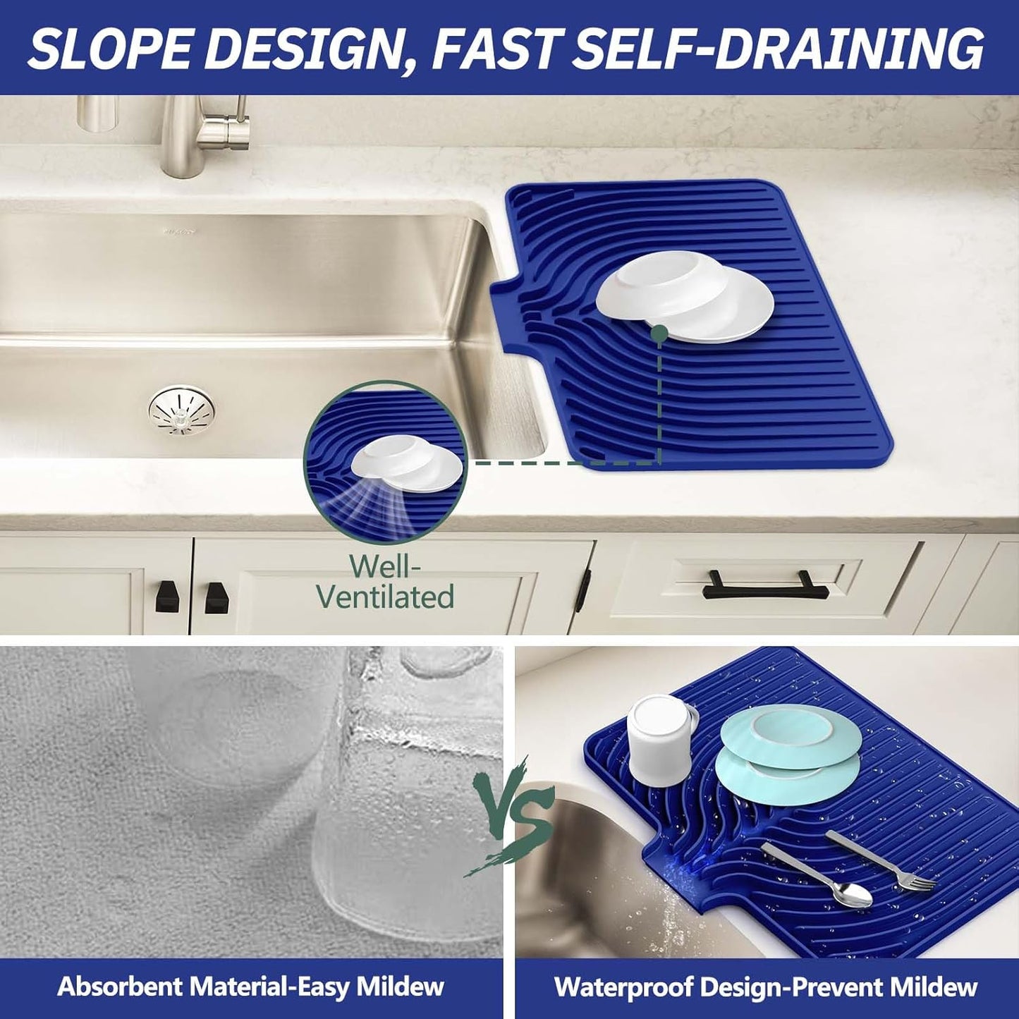 Silicone Dish Drying Mat for Kitchen Counter with Built-in Drain, Easy Clean Pad for Countertop Protection, Fast Self-Draining Slope, Non-Slip, Multiple Use 17.7 x 11.8 Inch (Midnight Blue)