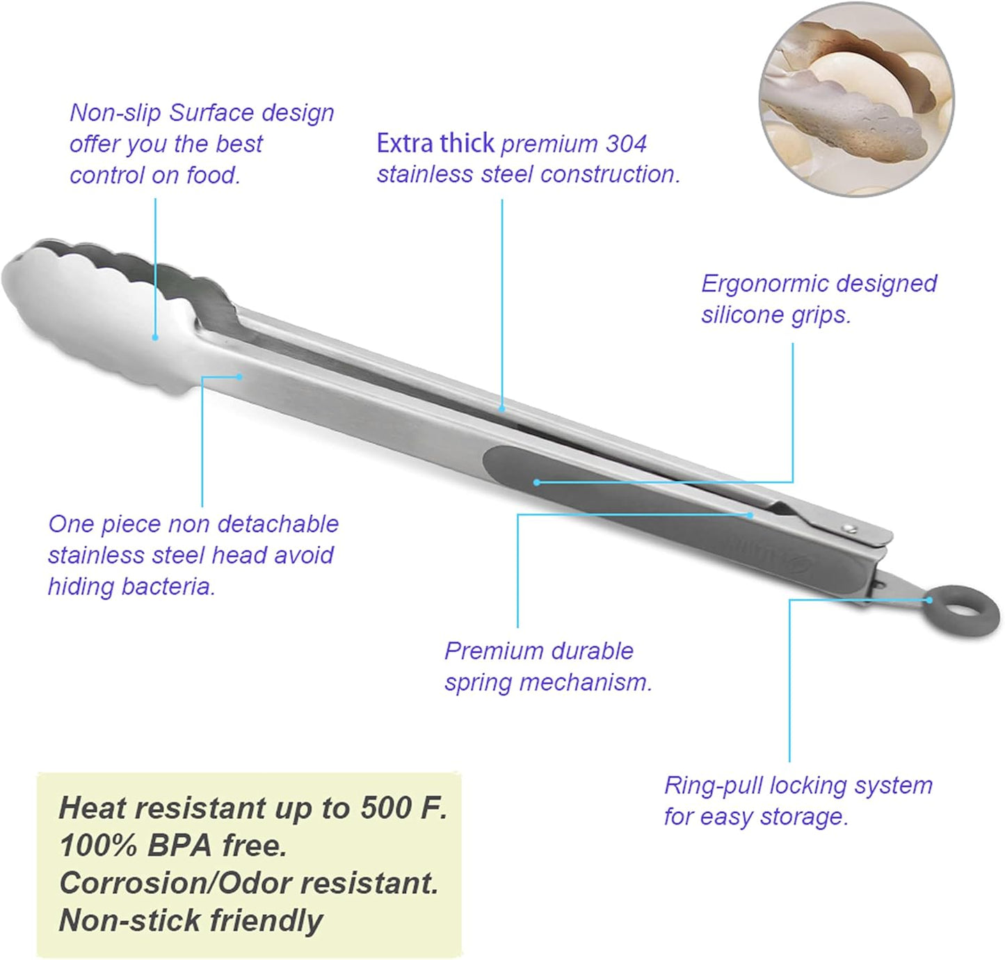 304 Stainless Steel Kitchen Cooking Tongs, 9" and 12" Set of 2 Sturdy Grilling Barbeque Brushed Locking Food Tongs with Ergonomic Grip, Grey