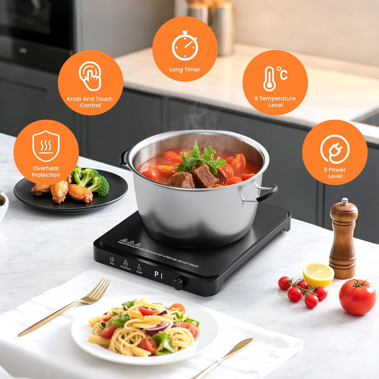 Portable Induction Cooktop, Countertop Burner Hot Plate 1500W With Sensor Touch, Electric Induction Cooker With 9-Level Adjustment, 3-Hour Timer, Auto-Shut-Off, LED Display, Auto Pot Detection
