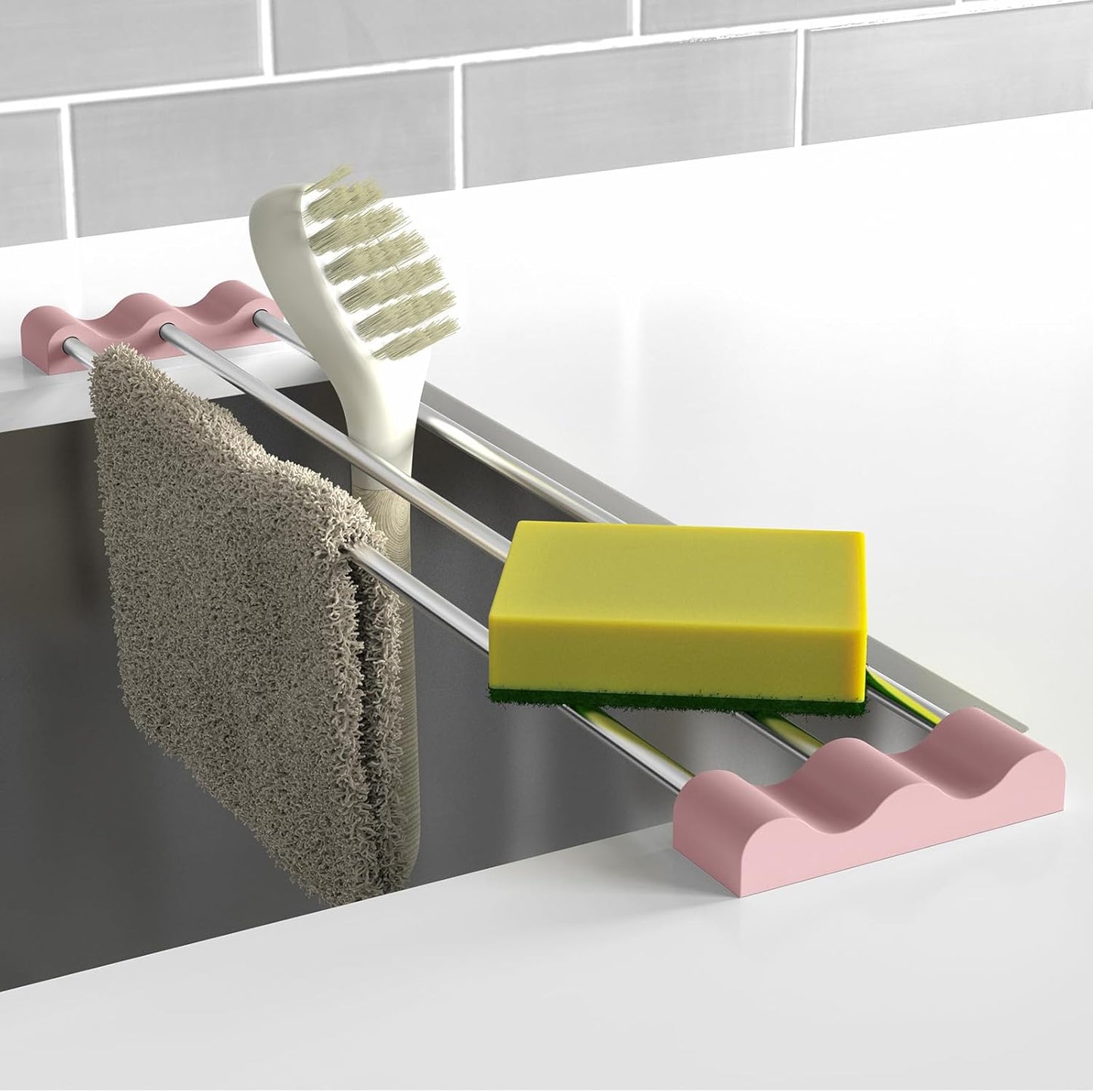 Tomorotec Adjustable Over-The-Sink Kitchen Rack for Dishcloths, Sponges, Bottles and Brushes - Heat-Resistant Stainless Steel with Slim, Expandable Design and Multifunctional Silicone Holder