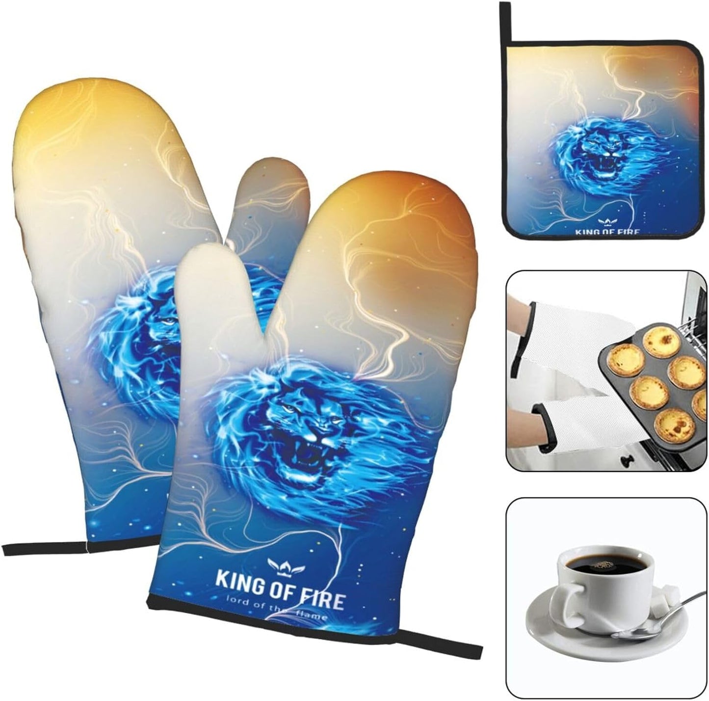 Orange Blue Oven Mitts and Pot Holders Sets of 3 Heat Resistant Funny Hot Pads Lion Oven Gloves for Kitchen Cooking BBQ Baking