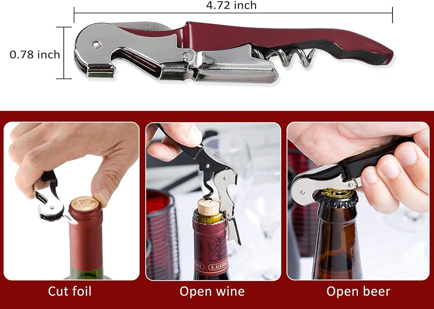 RECUTMS 12 Packs Wine Corkscrew Opener Bulk Stainless Steel Fold Beer or Bottle Opener Serrated Foil Cutter,Perfect for Bars,Restaurants,Family,Company Party (Claret)