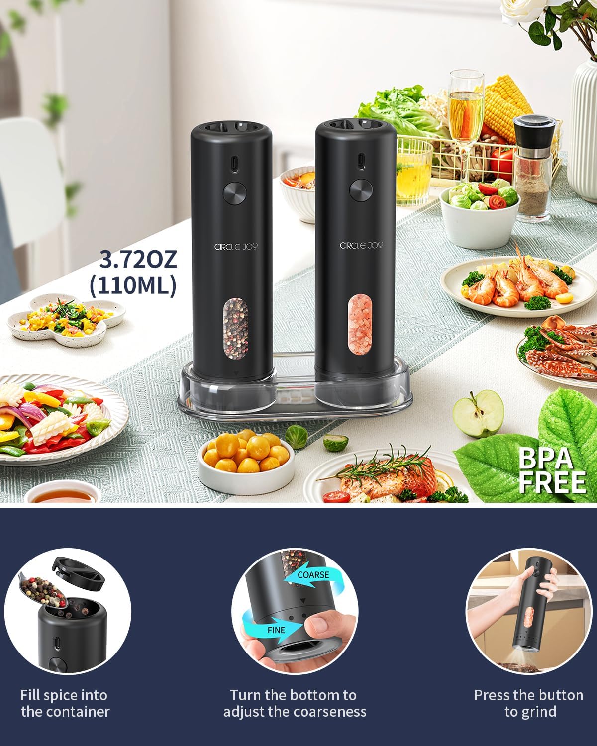 CIRCLE JOY Rechargeable Electric Salt and Pepper Grinder Set with Base, Automatic Pepper Mills with 110ml Container, External Adjustable Coarseness, White Led Light and One-Handed Operation, Black