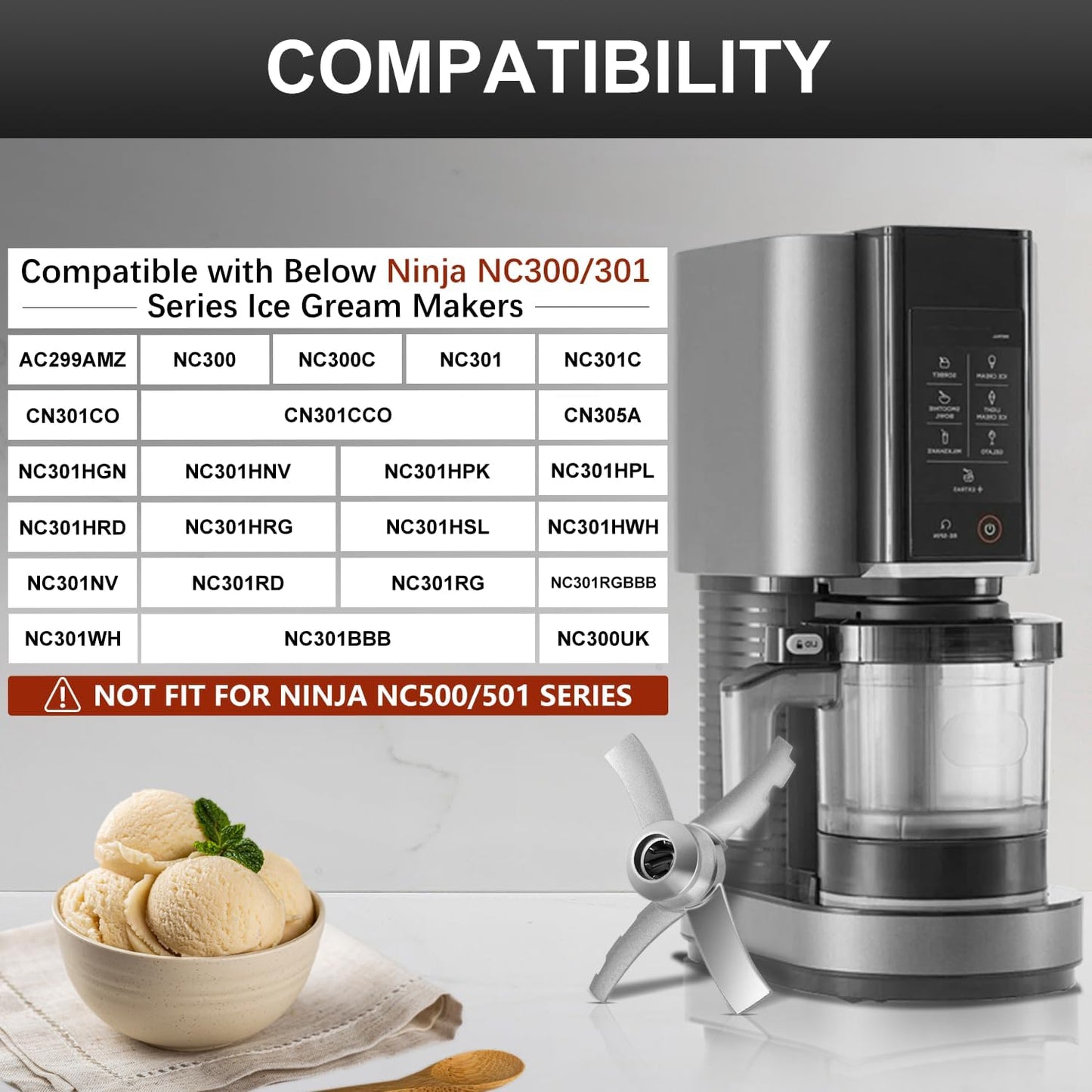 Replacement Paddle Blade for Ninja Creami NC300 NC299AMZ NC301 CN305A Series Ice Cream Makers, Sorbet Milkshakes Frozen Yogurt Creamy Icecream Creamer Machine Stainless Steel Accessories Mixing Parts