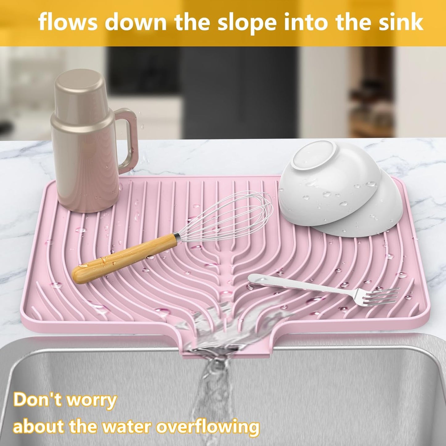 Silicone Drying Mat for Kitchen Counter, 18"×12" Silicone Dish Drying Mat with Board Drain,Rubber Kitchen Counter Dry Matt for Dishes Drying Rack(pink)