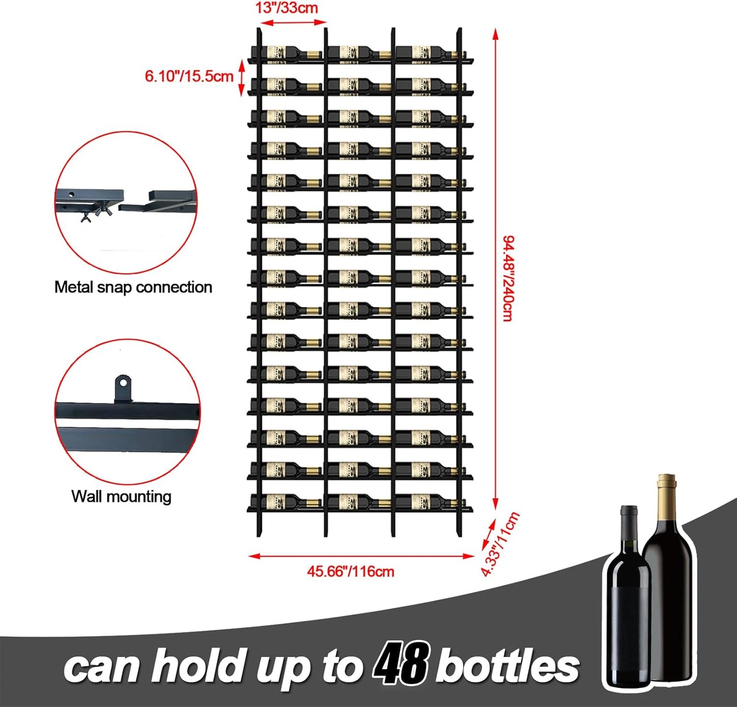 Wine Rack Freestanding Floor, 16 Tier 48 Bottle Capacity Display Holder, Black Industrial Wine Bottle Storage Shelves, for Any Bar, Wine Cellar, Kitchen, Dining Room (Black, 3 Column)