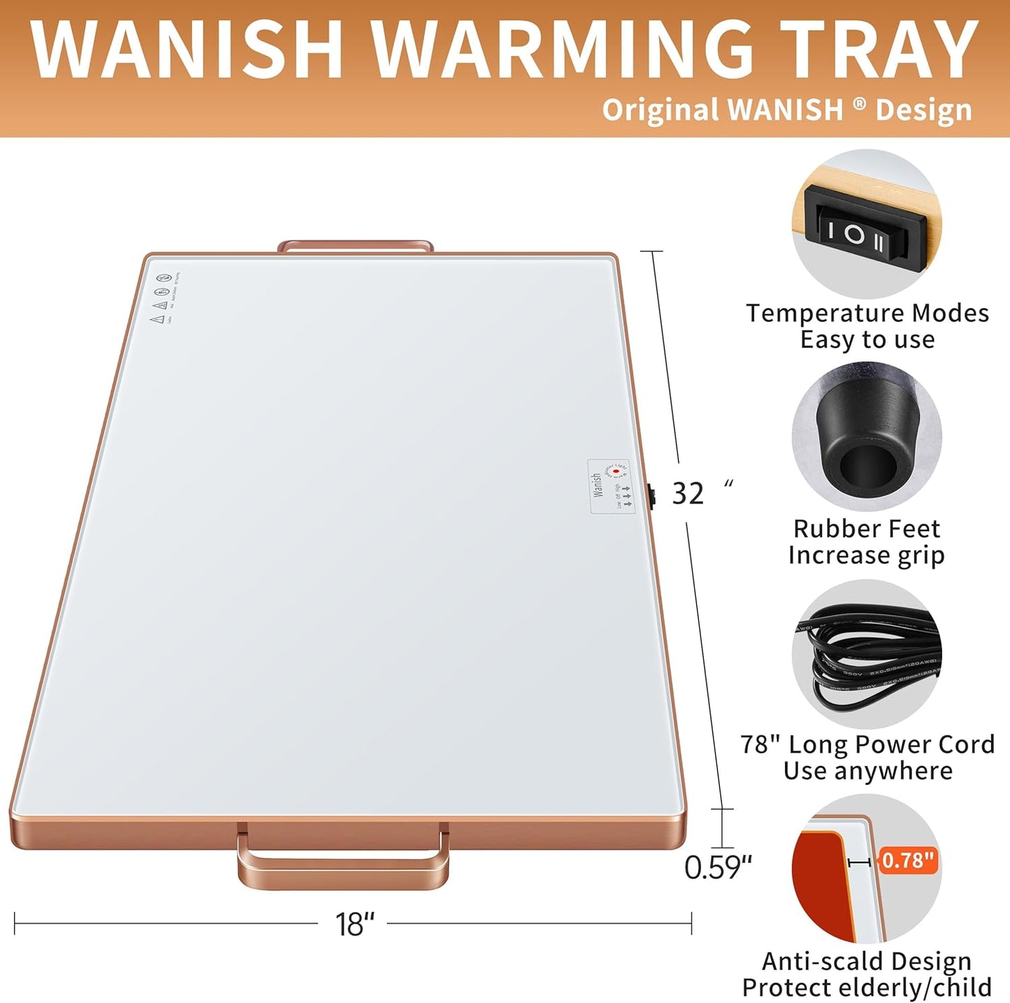 Electric Warming Tray (XXL 32”x18”)，Food Warmers for Parties Buffet with Thermostat&Full Surface Heating,Tempered Glass Warming Mat for Food, Temperature Adjustable Gold Handles Food Warming Mat,White