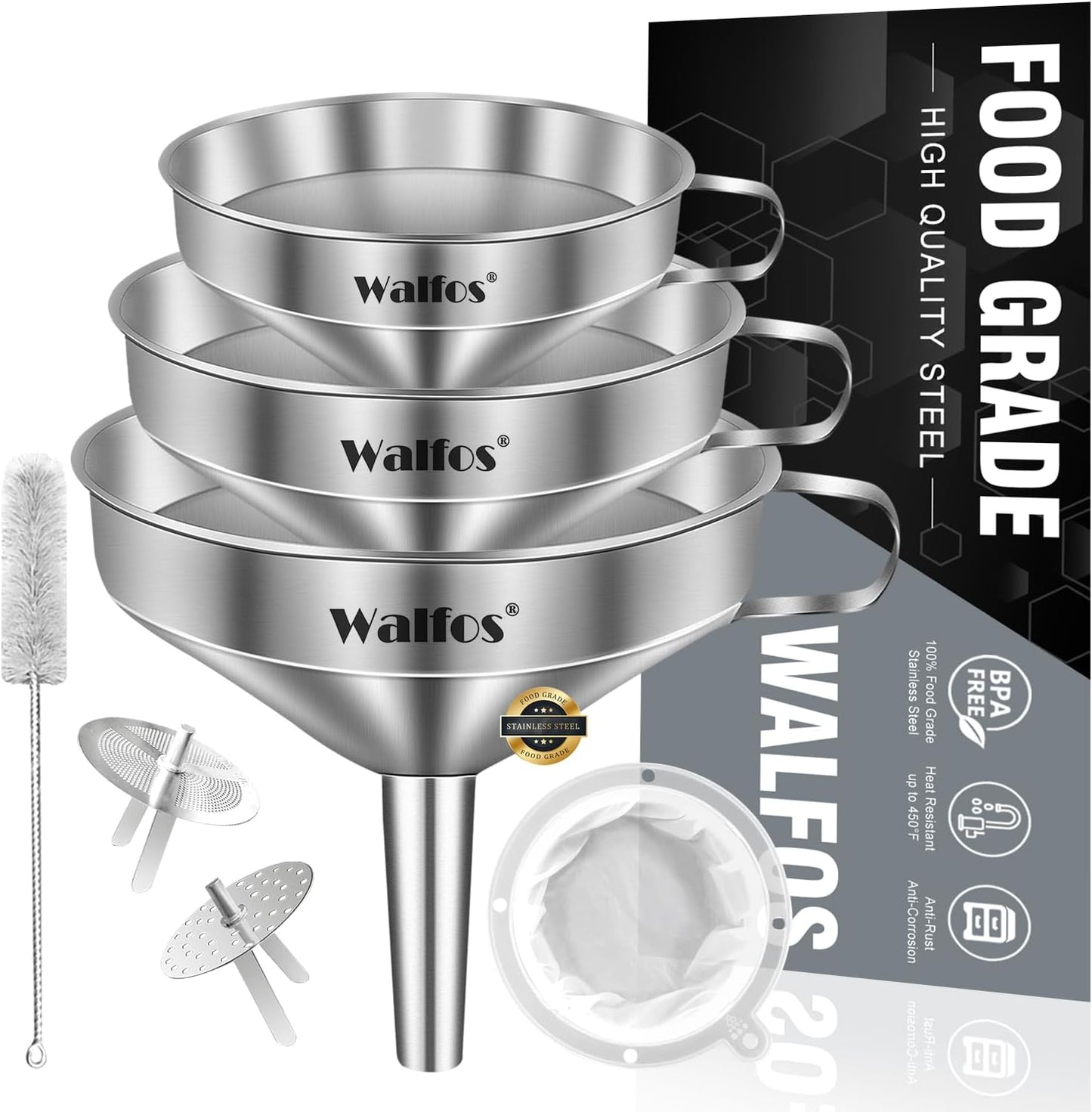 Walfos 3Pcs Kitchen Funnel with 2 Removable Strainer ＆ 1 Cleaning Brush & 1Pc 200 Mesh Food Filter Strainer, Food Grade Stainless Steel Funnel for Transferring of Liquid, Oils, Jam, Dry Ingredients