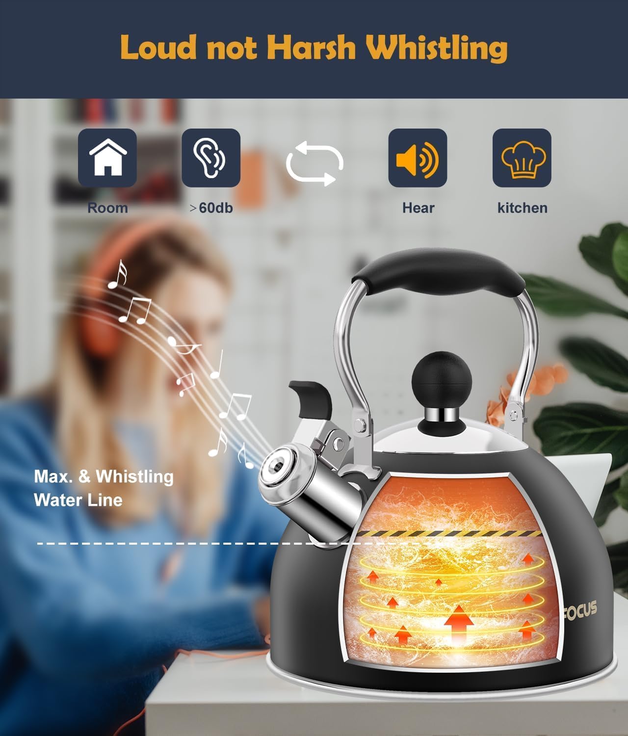 Tea Kettle, 2 Quart Stainless Steel Whistling Tea Kettle, Stovetop Whistling Teakettle Tea Pots for Stove Top with Ergonomic Folding Handle, Small Teapot, Water boiler for Tea, Coffee (Black)