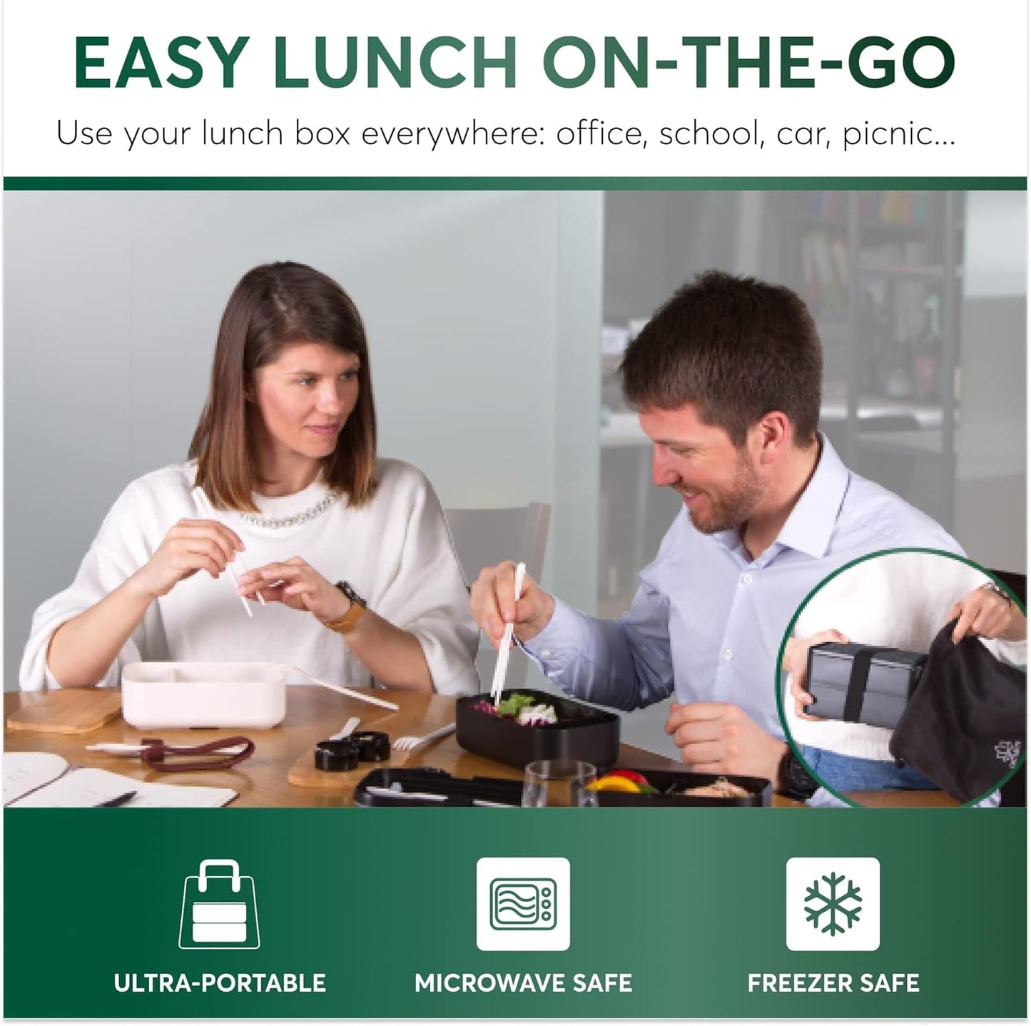 Umami Bento Box Adult All-In-1 w/4 Utensils, 2 Sauce Jars 2 Dividers,100% Leakproof, Microwave & Dishwasher Safe Stackable Bento Lunch Box Containers for Men/Women, Black, 68 oz