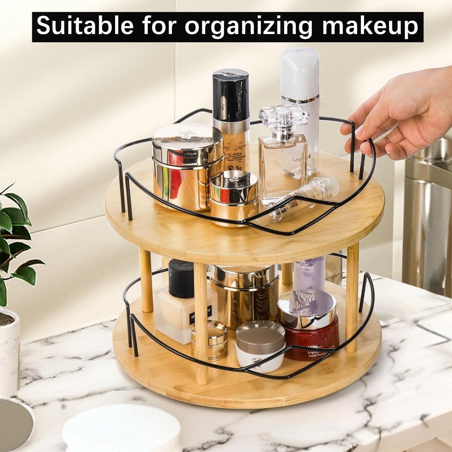 Yopay Lazy Susan Organizer 2 Tier, Bamboo Rotating Spice Rack for Kitchen Countertop Cabinet, Spinning Makeup Turntable Organizer with Steel Side for Vanity, Dining Table, Pantry, Condiments, 11 Inch