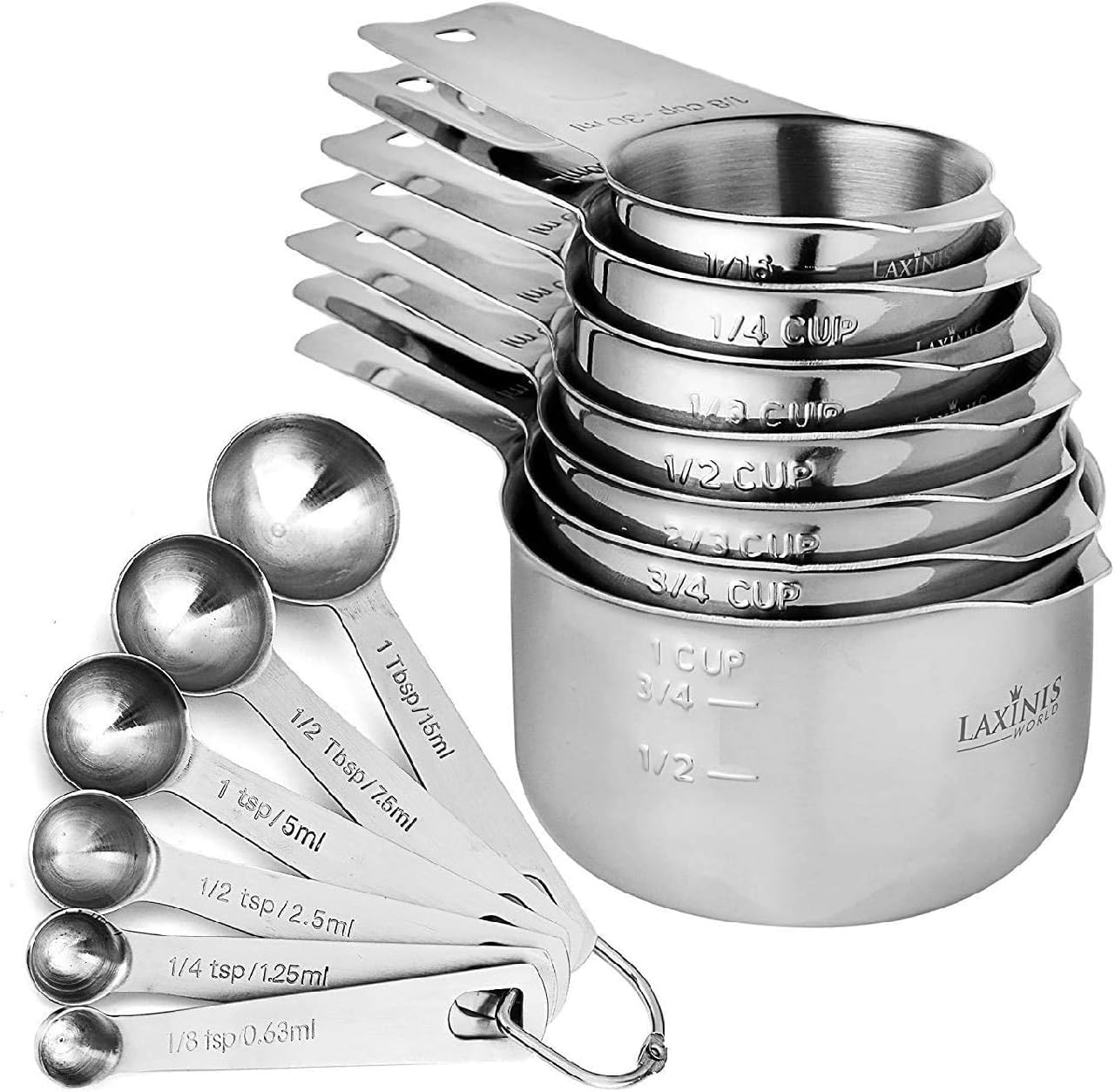Measuring Cups and Spoons Set - Premium 13-Piece Stainless Steel, 7 Cups & 6 Spoons, Stackable, Ideal for Accurate Liquid and Dry Ingredient Measurement. By Laxinis World