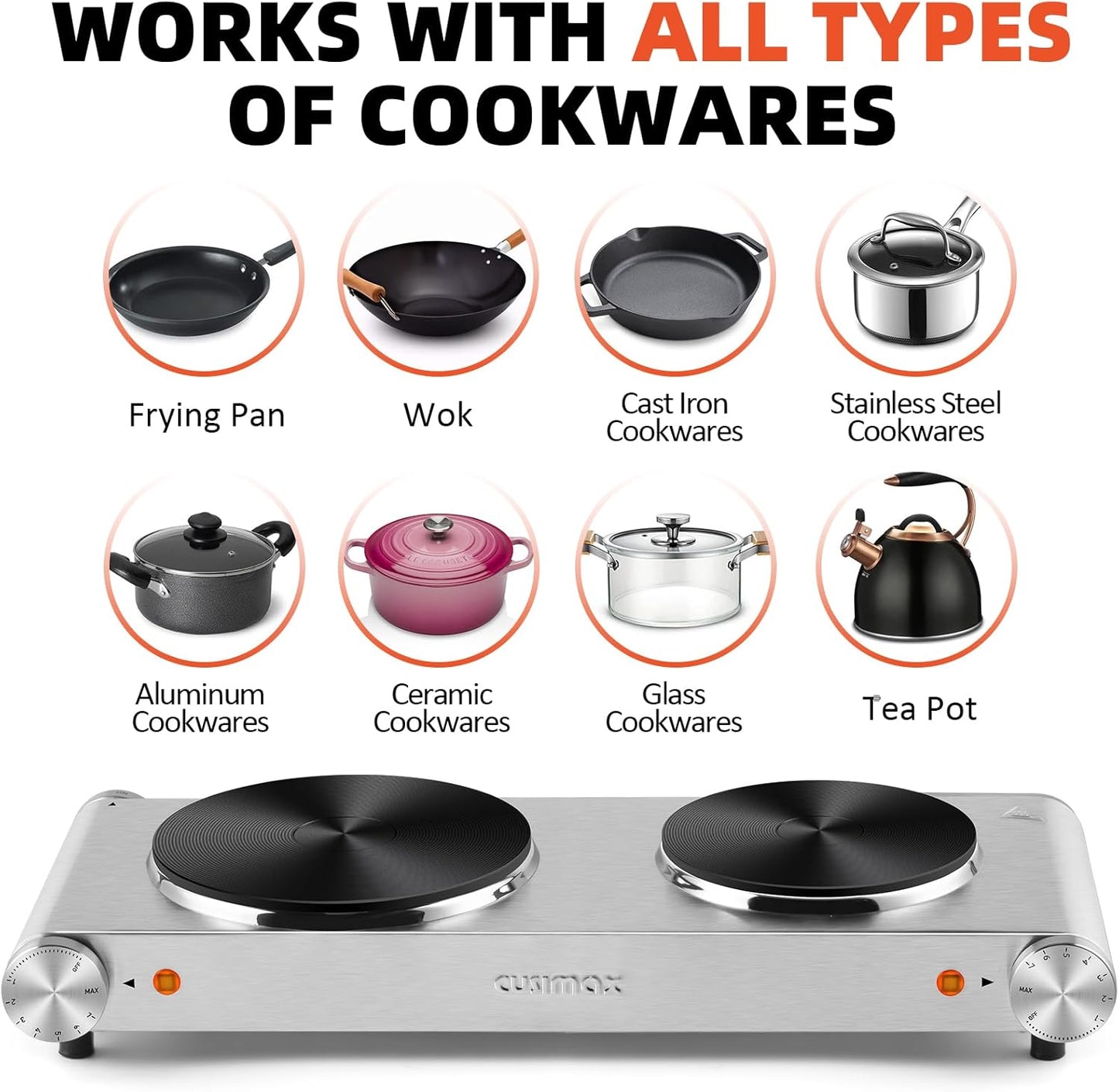 CUSIMAX Double Burner, Electric Hot Plates for Cooking, 1800W Double Hot Plate, Portable Electric Stove, Countertop Burners with Cast Iron Heating Plates, Works with All Cookwares, Upgraded Version