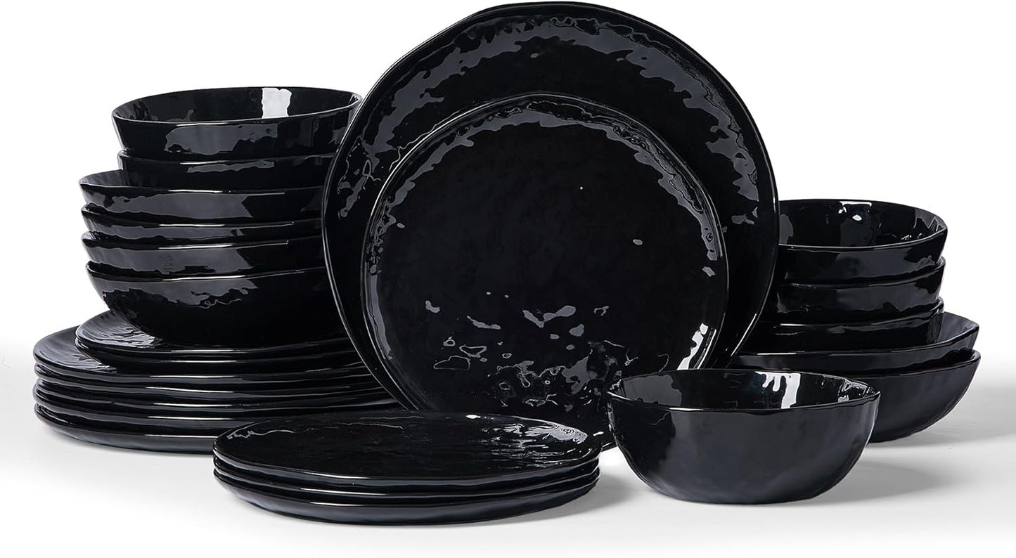 Famiware Porcelain kitchen plates and bowls set, Modern dishes set for 6, Handmade Wave Edge Dinnerware Sets, Microwave and Dishwasher Safe Tableware, Glossy-black (24pc)
