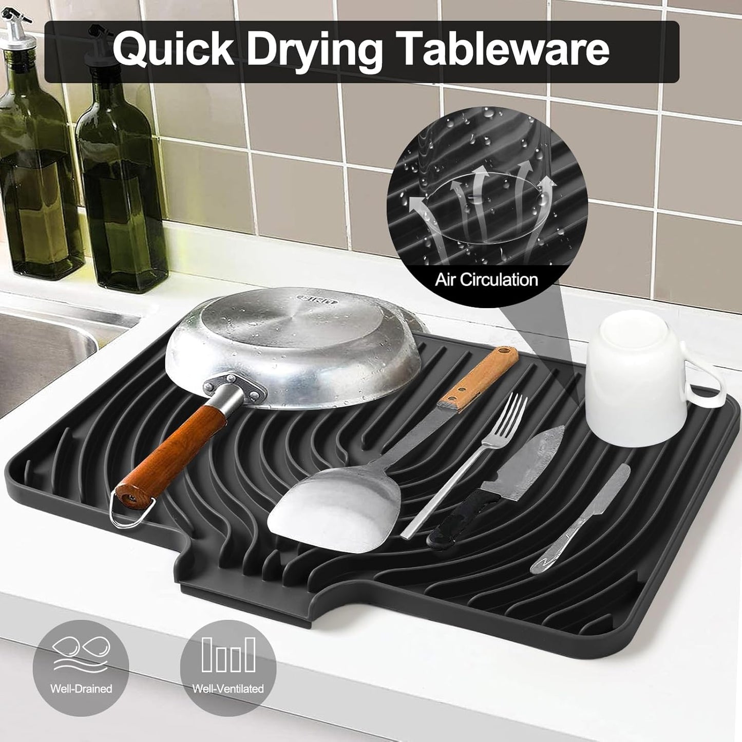 Silicone Dish Drying Mat for Kitchen Counter with Built-in Drain, Easy Clean Pad for Countertop Protection, Fast Self-Draining Slope, Non-Slip, Multiple Use 17.7 x 11.8 Inch (Black)