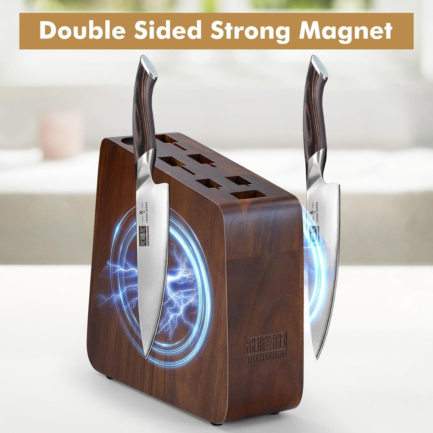 Magnetic Knife Block 10 x 9 Inches, Double Sided Magnetic Knife Holder and Kitchen Knife Organizer Storage, 7 Slots Acacia Wood Universal Knife Block for Chefs