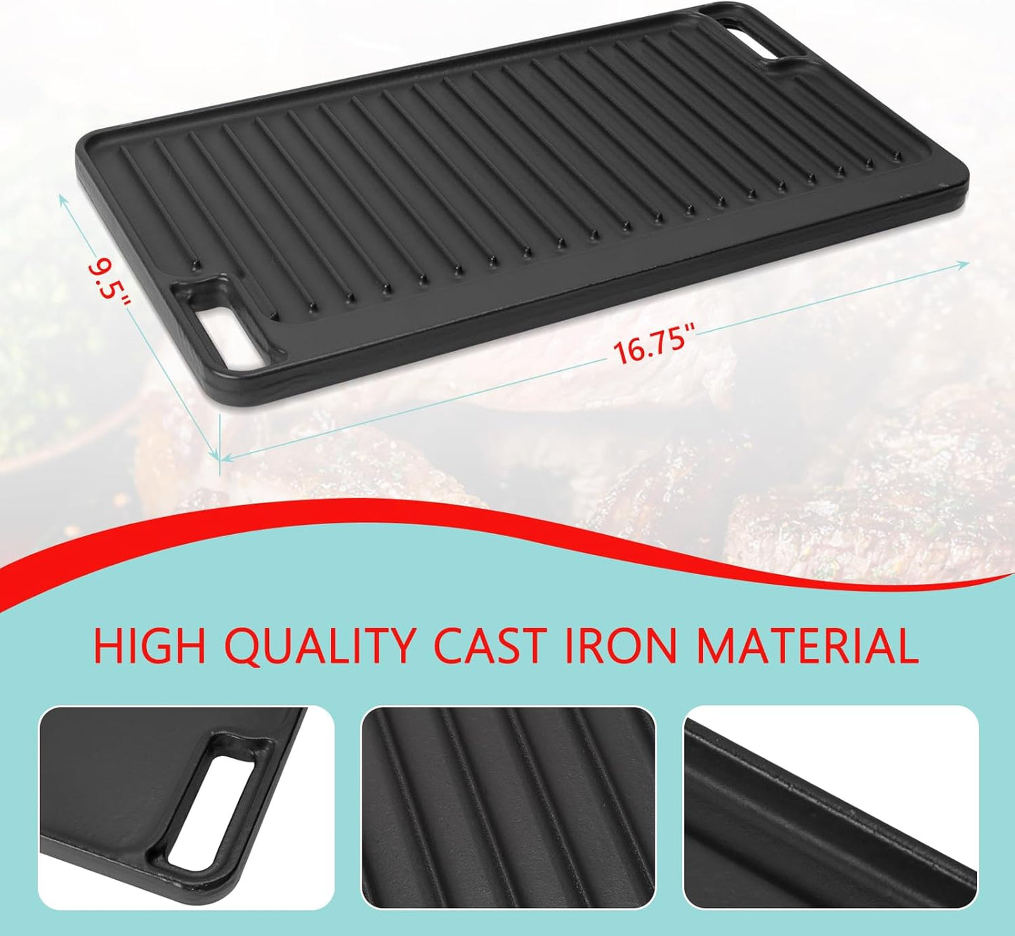 16.75" X 9.5" Reversible Cast Iron Griddle for Gas Grill, Flat Griddle Pan for Gas Stove, Pre-Seasoned Oven Top Grill pan,Upgrade Double Burner Griddle for Indoor & Outdoor Cooking Accessories