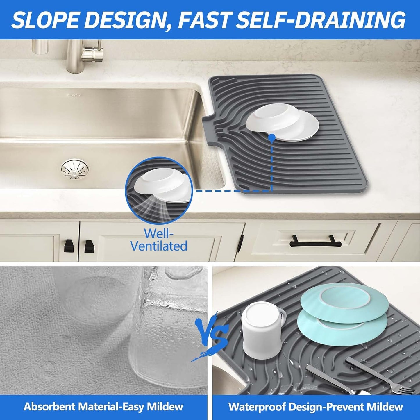 Silicone Dish Drying Mat for Kitchen Counter with Built-in Drain, Easy Clean Pad for Countertop Protection, Fast Self-Draining Slope, Non-Slip, Multiple Use 14.7x10.2 Inch (Grey)