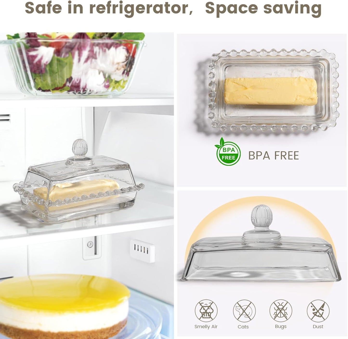 Glass Butter Dish with Large capacity for Countertop Crystal Butter Container with Cover for Counter Butter Keeper Tray Holder for Refrigerator