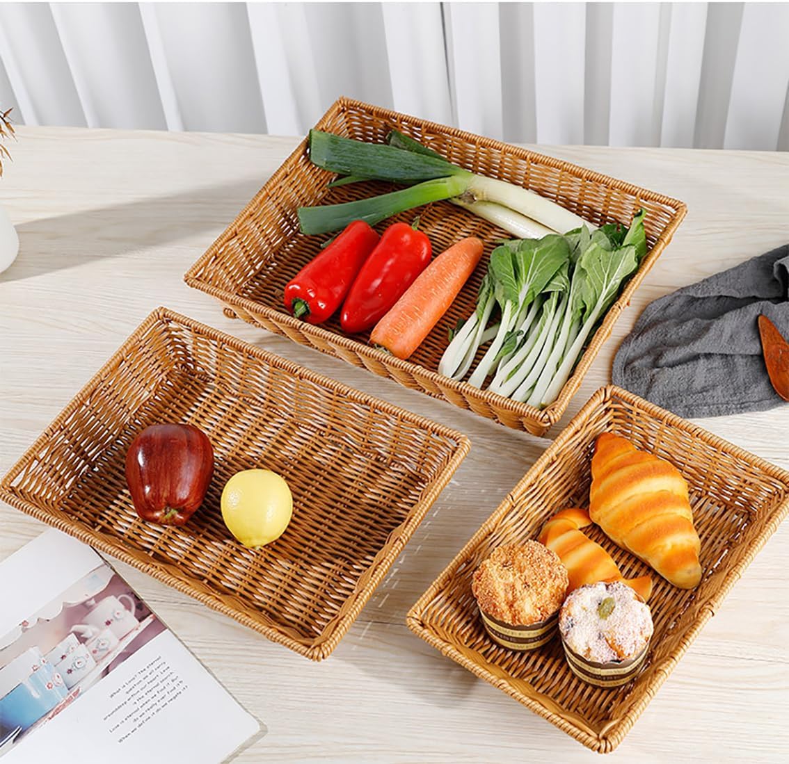 Poly Wicker Bread Basket, Hand Woven Food Storage Room Organizer, Fruits, Vegetables and Snacks Tabletop Food Serving Basket, Restaurant, Hotel Service, Brown (16“2pack)